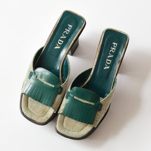 1990s Green Leather Fringe Clogs