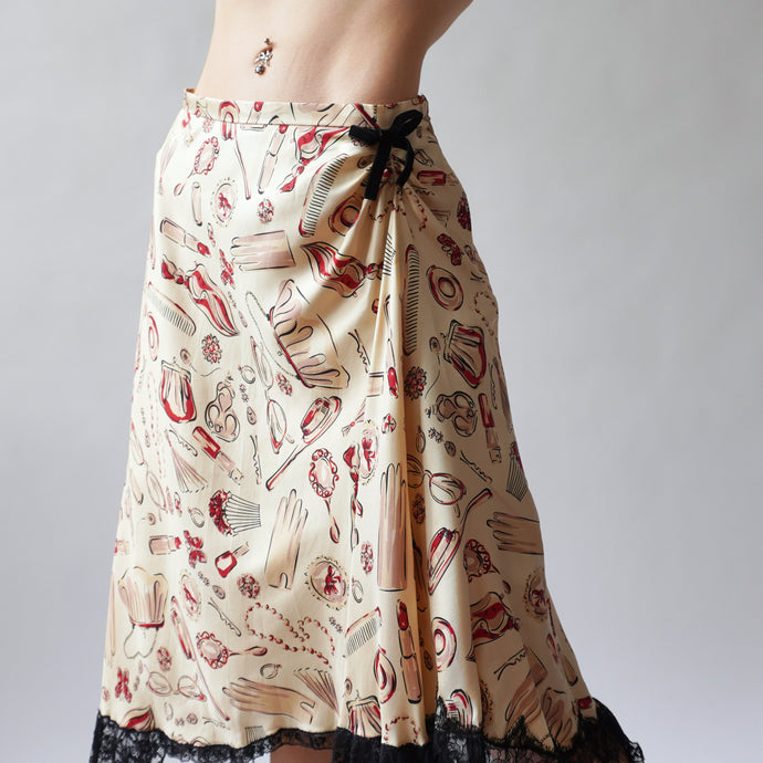 2000s Printed Silk Midi Skirt