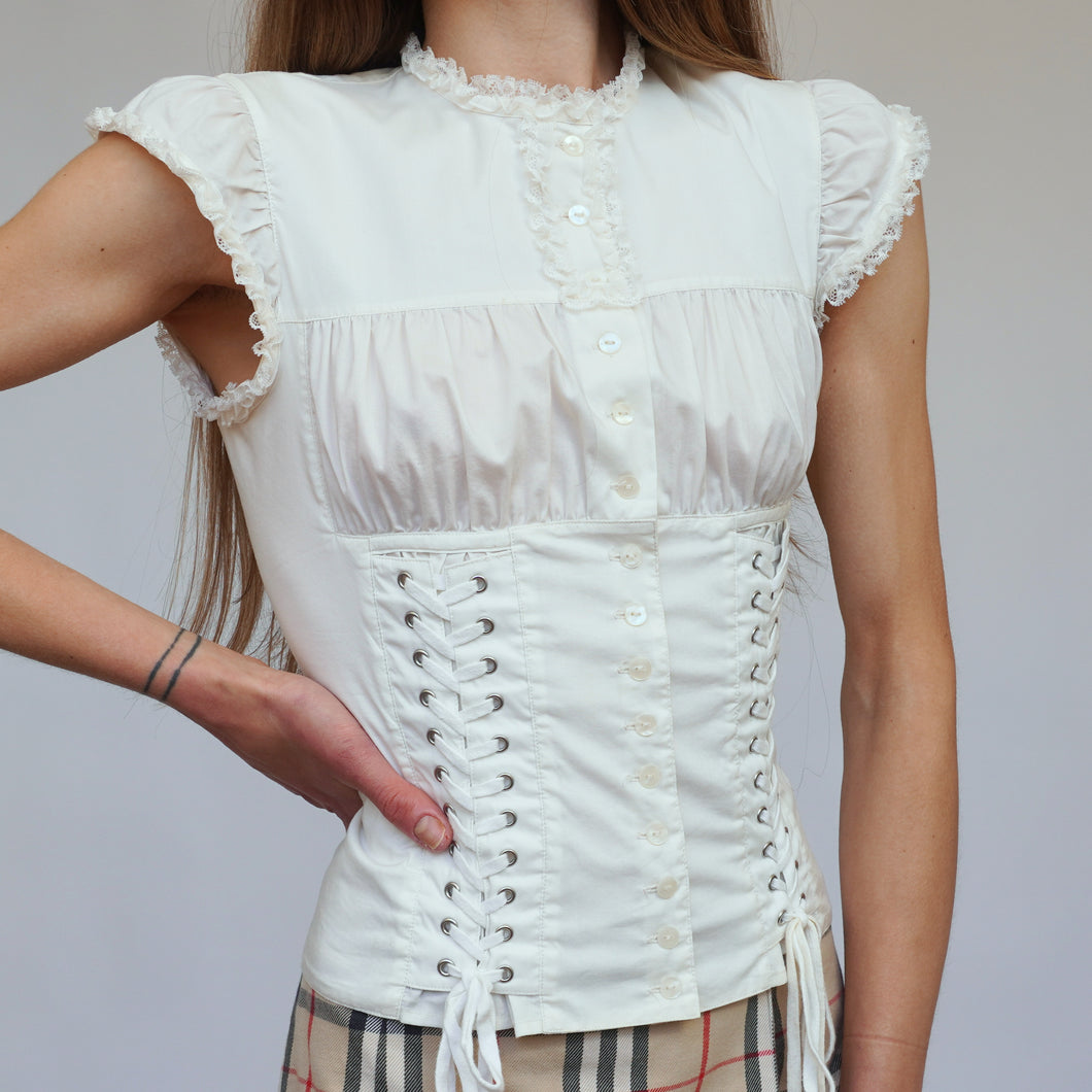 Iconic Early 2000s Frilled Cream Corset Blouse