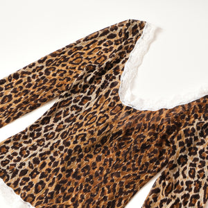 2000s Leopard Print Lace Trim Blouse