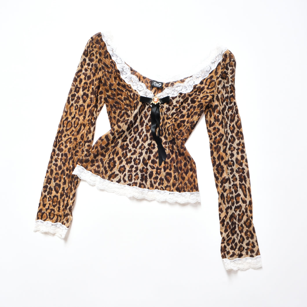 2000s Leopard Print Lace Trim Blouse